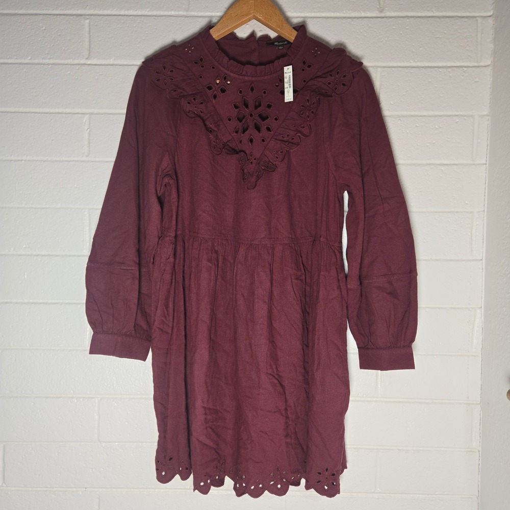 Madewell Mulberry Eyelet Ruffle Mini Dress Medium Burgundy Modest Puff Boho Wine